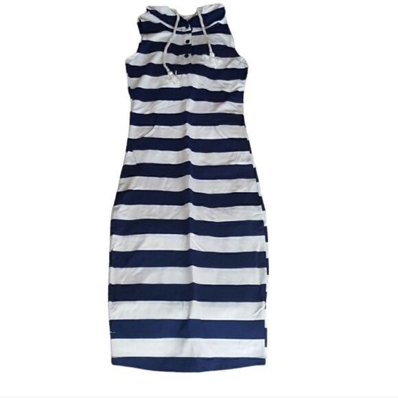 Actice Basic Sleeveless Striped  Hooded Midi Dress Blue White - Picture 2 of 6